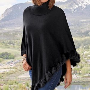 Boston Proper Faux Fur Trim Turtleneck Poncho